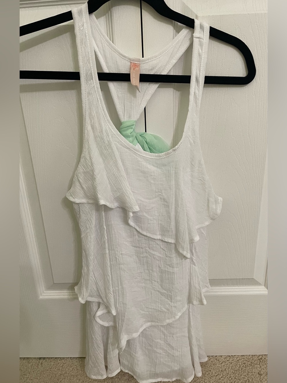 White Ruffle Tank Top with Mint Tie Accent